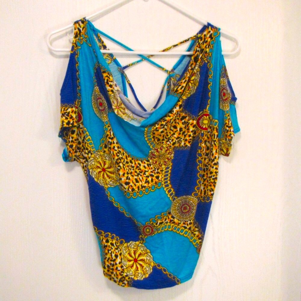 Blue Criss Cross Back Drape Neck Keyhole Sleeve Top, Leopard Print & Chains, S